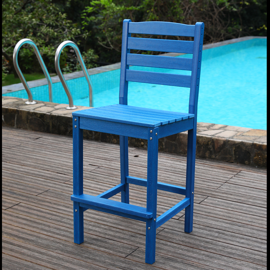 Outdoor Patio Bar Height Chair blue wooden slatted seat for poolside deck on Tampa Home & Garden Store