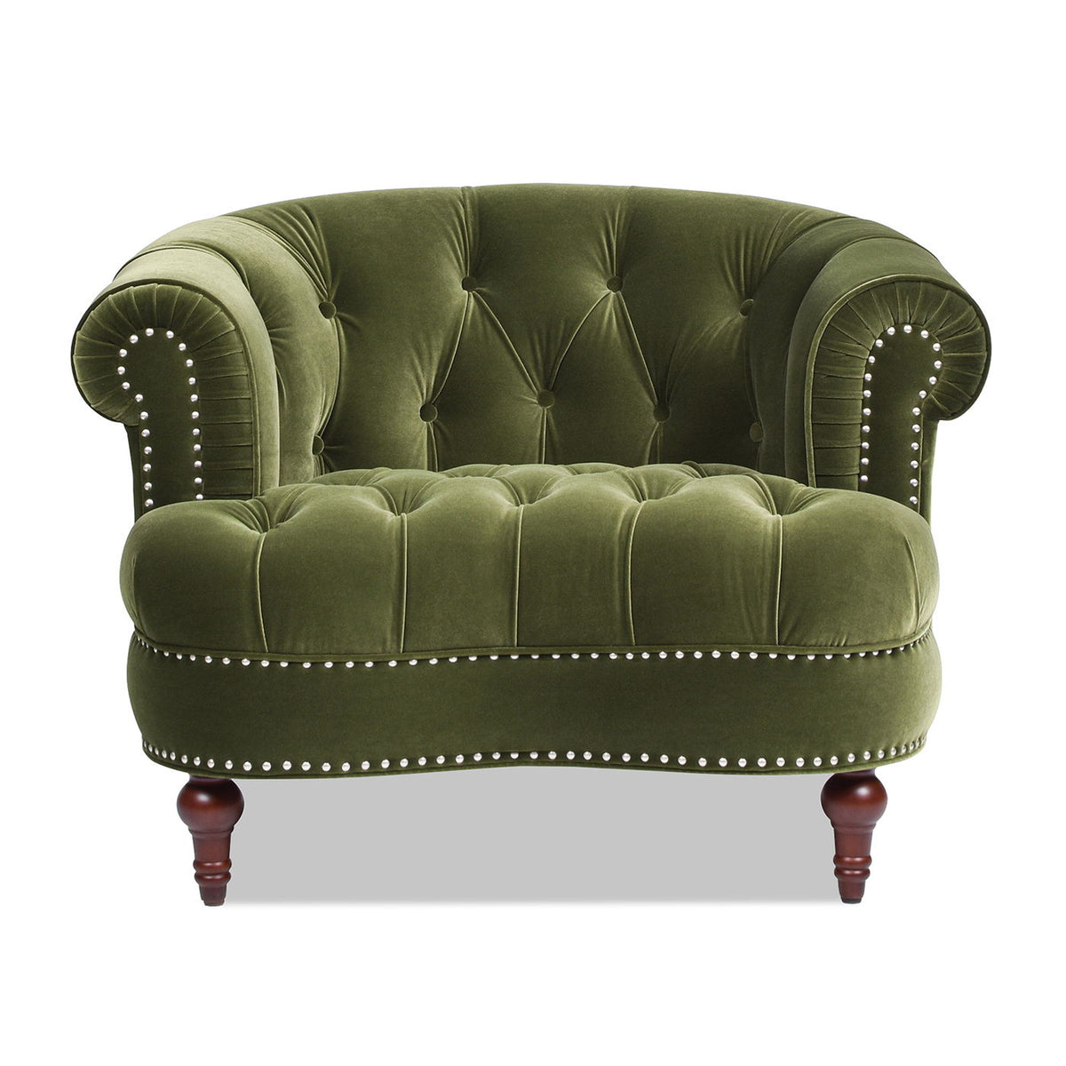 Accent chair Victorian tufted olive green velvet with nailhead trim and curved arms on Tampa Home & Garden Store