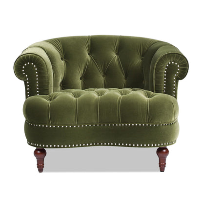 Accent chair Victorian tufted olive green velvet with nailhead trim and curved arms on Tampa Home & Garden Store