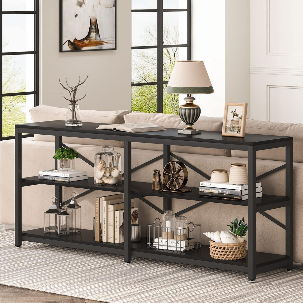 Extra Long Console Table with X-Back Design, 3-Tier Storage, black metal by HouseOfZazla on Tampa Home & Garden Store