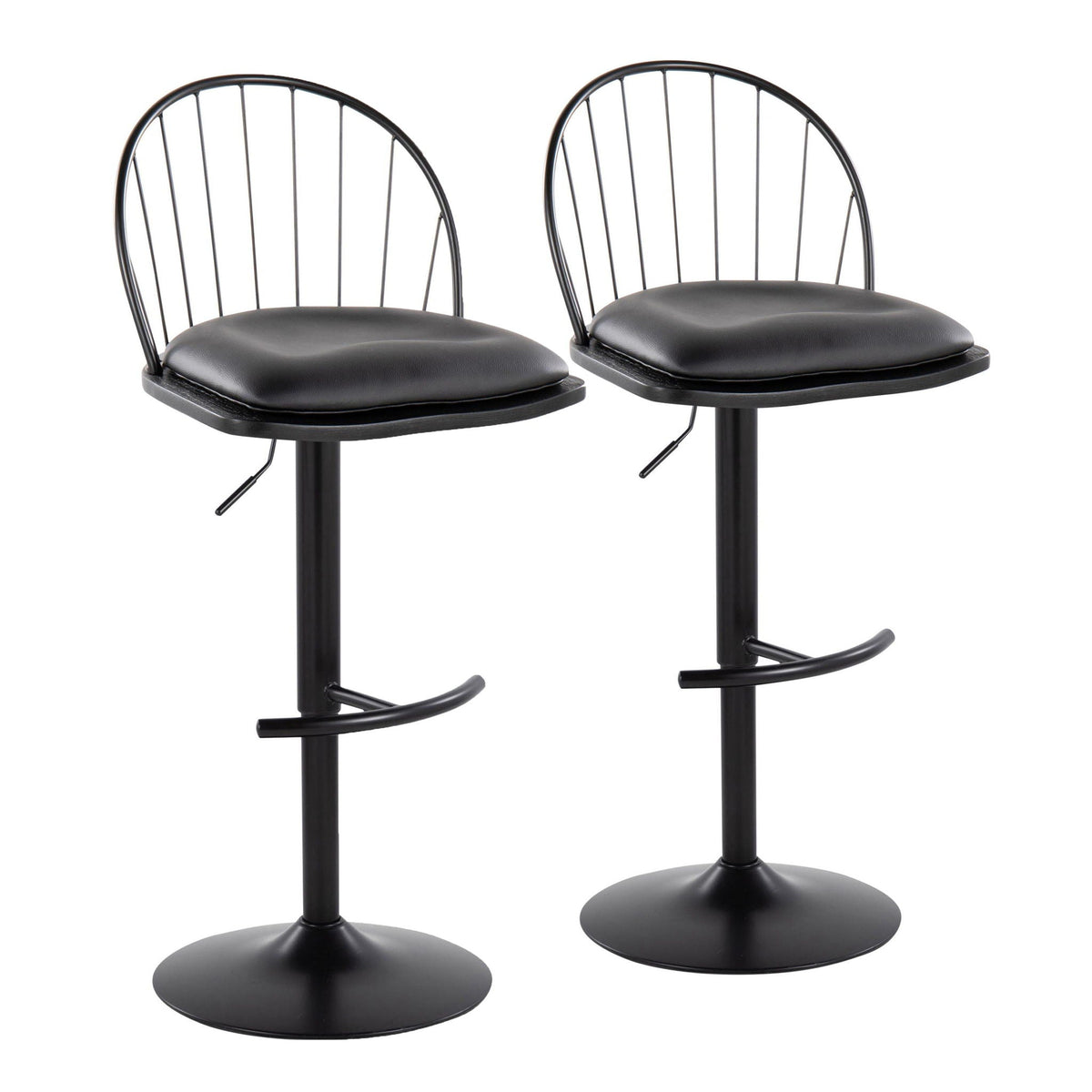Farmhouse adjustable-height barstool set with swivel; pair of black metal stools with padded seats on Tampa Home & Garden Store