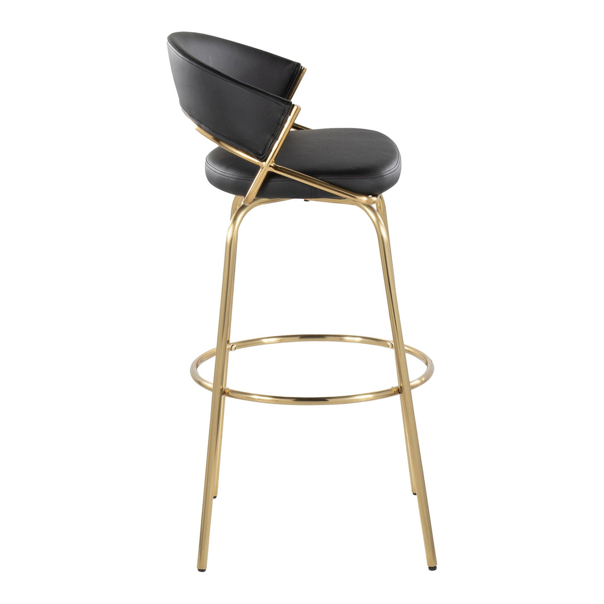 Contemporary black swivel barstool with rounded footrest and gold-tone metal frame on Tampa Home & Garden Store