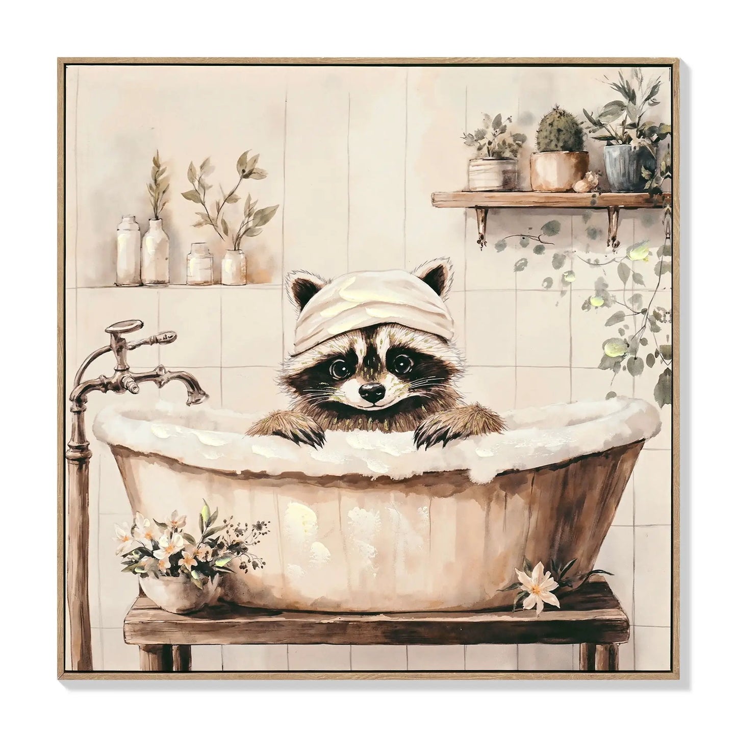 Raccoon Bathroom Canvas Wall Art Ivory Framed