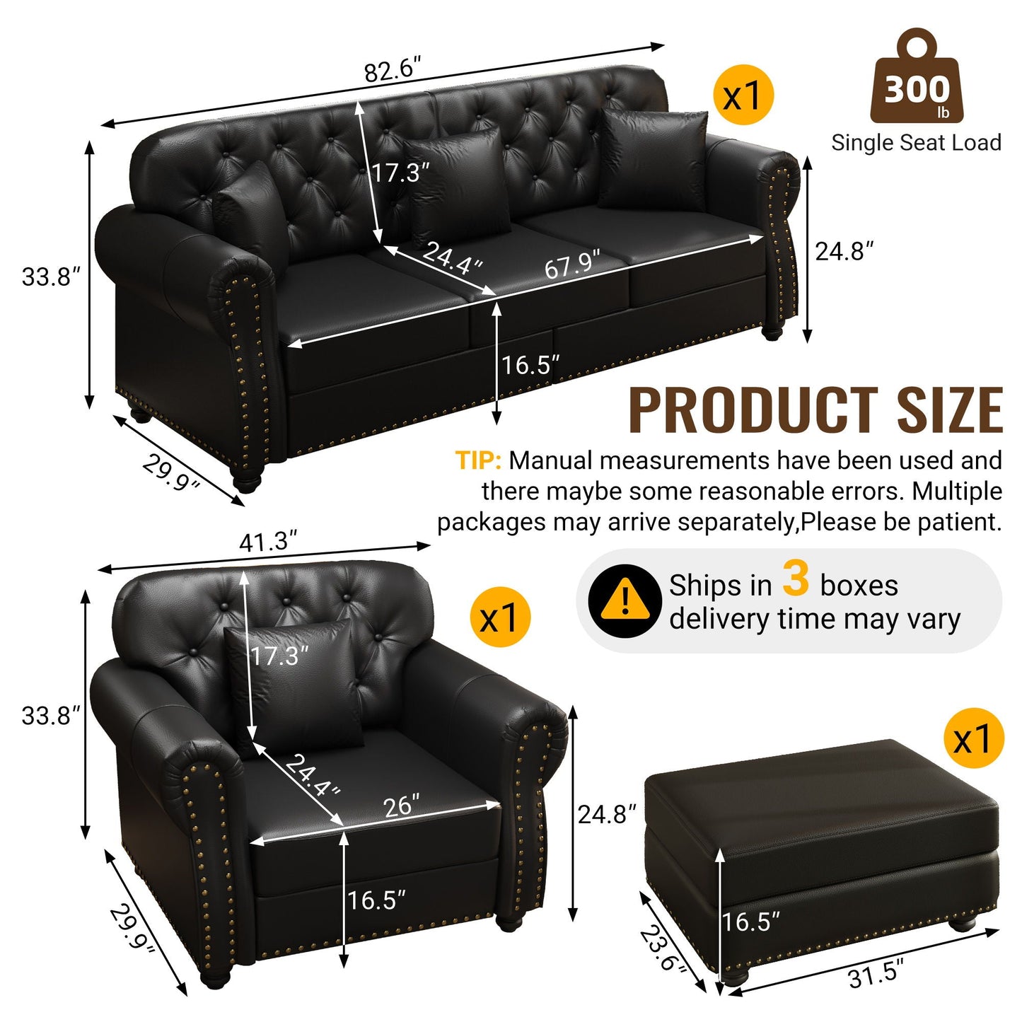Upholstered Sofa with Nailhead and Ottoman