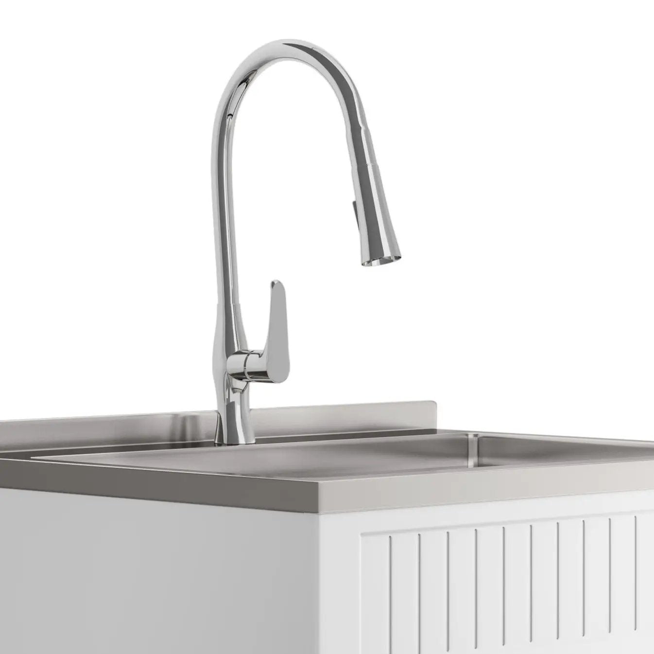 Beckham laundry cabinet vanity with chrome gooseneck faucet and stainless sink on Tampa Home & Garden Store