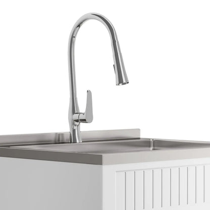 Beckham laundry cabinet vanity with chrome gooseneck faucet and stainless sink on Tampa Home & Garden Store