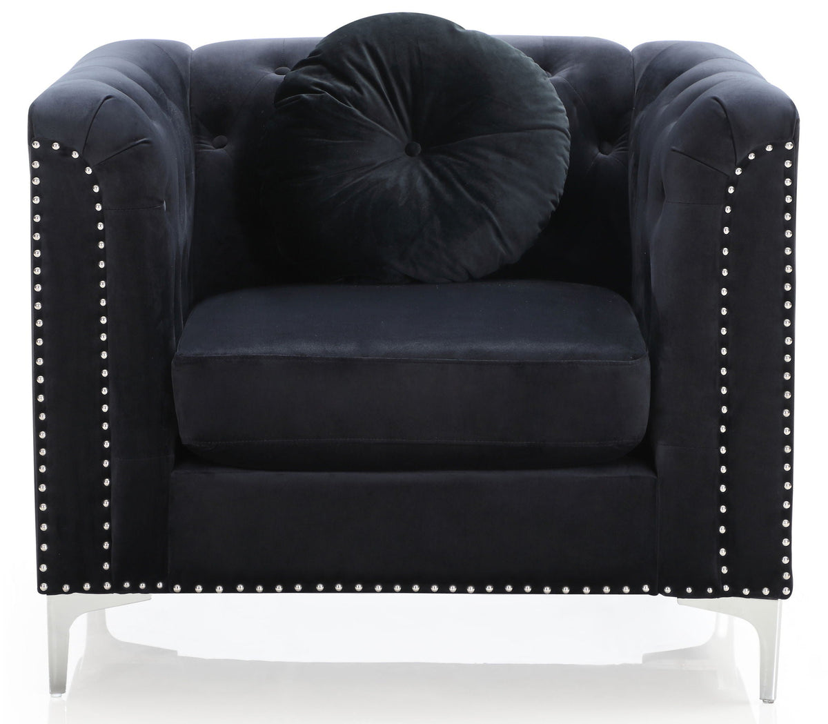 Black micro suede sloped-arm chair with studded edges and round bolster cushion HouseOfZazla on Tampa Home & Garden Store