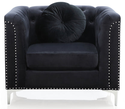 Black micro suede sloped-arm chair with studded edges and round bolster cushion HouseOfZazla on Tampa Home & Garden Store