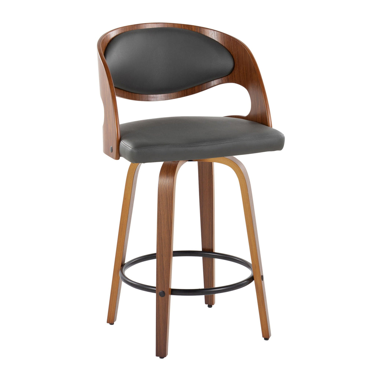 Pino mid-century modern fixed-height swiveling bar stool with black cushion and walnut frame on Tampa Home & Garden Store