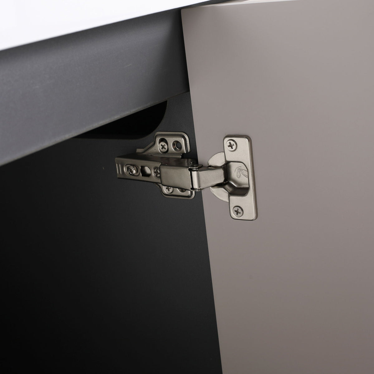 Freestanding vanity door detail by HouseOfZazla with resin sink, gray cabinet and metal hinges on Tampa Home & Garden Store