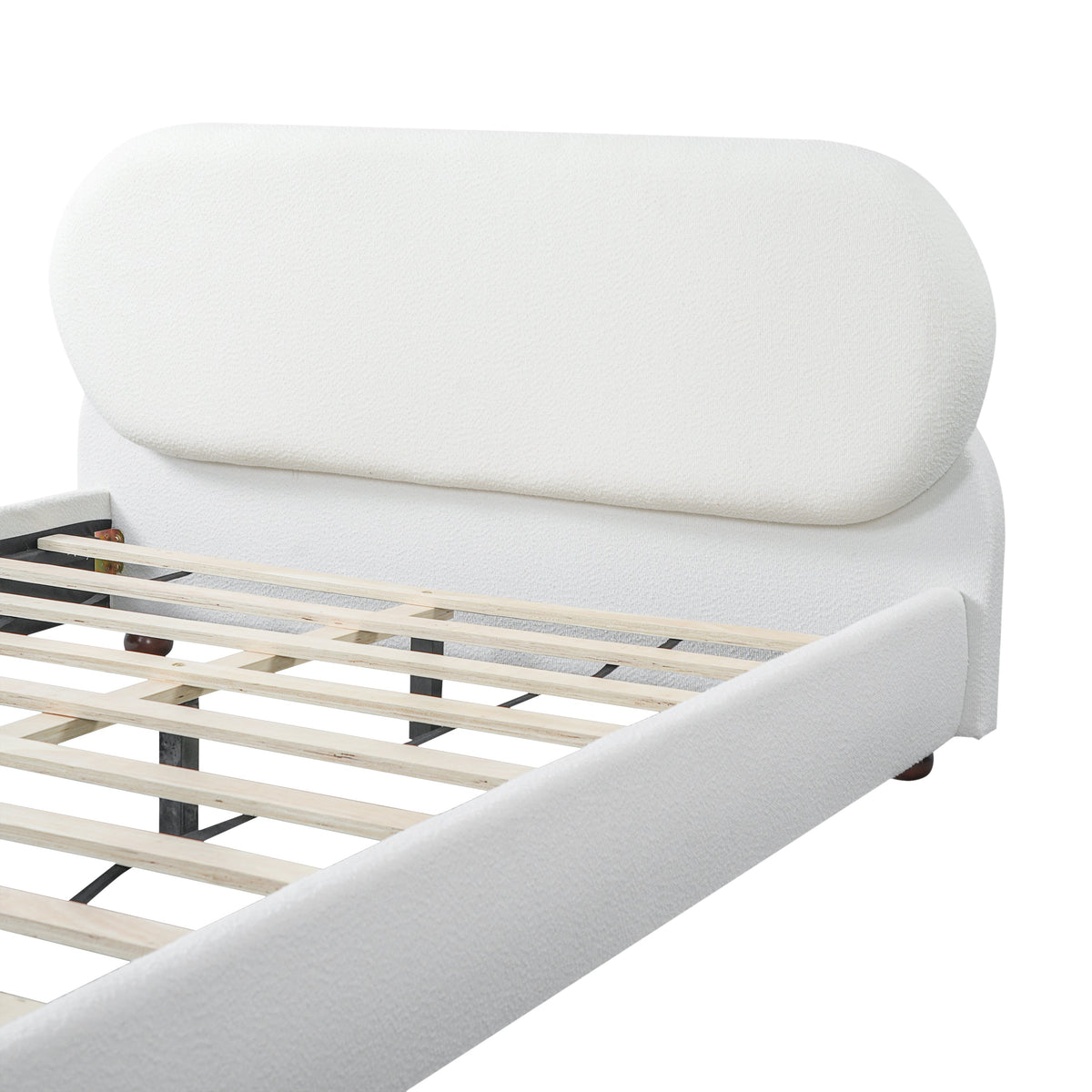 Queen cream boucle upholstered bed frame with rubber wood feet and slatted base HouseOfZazla on Tampa Home & Garden Store