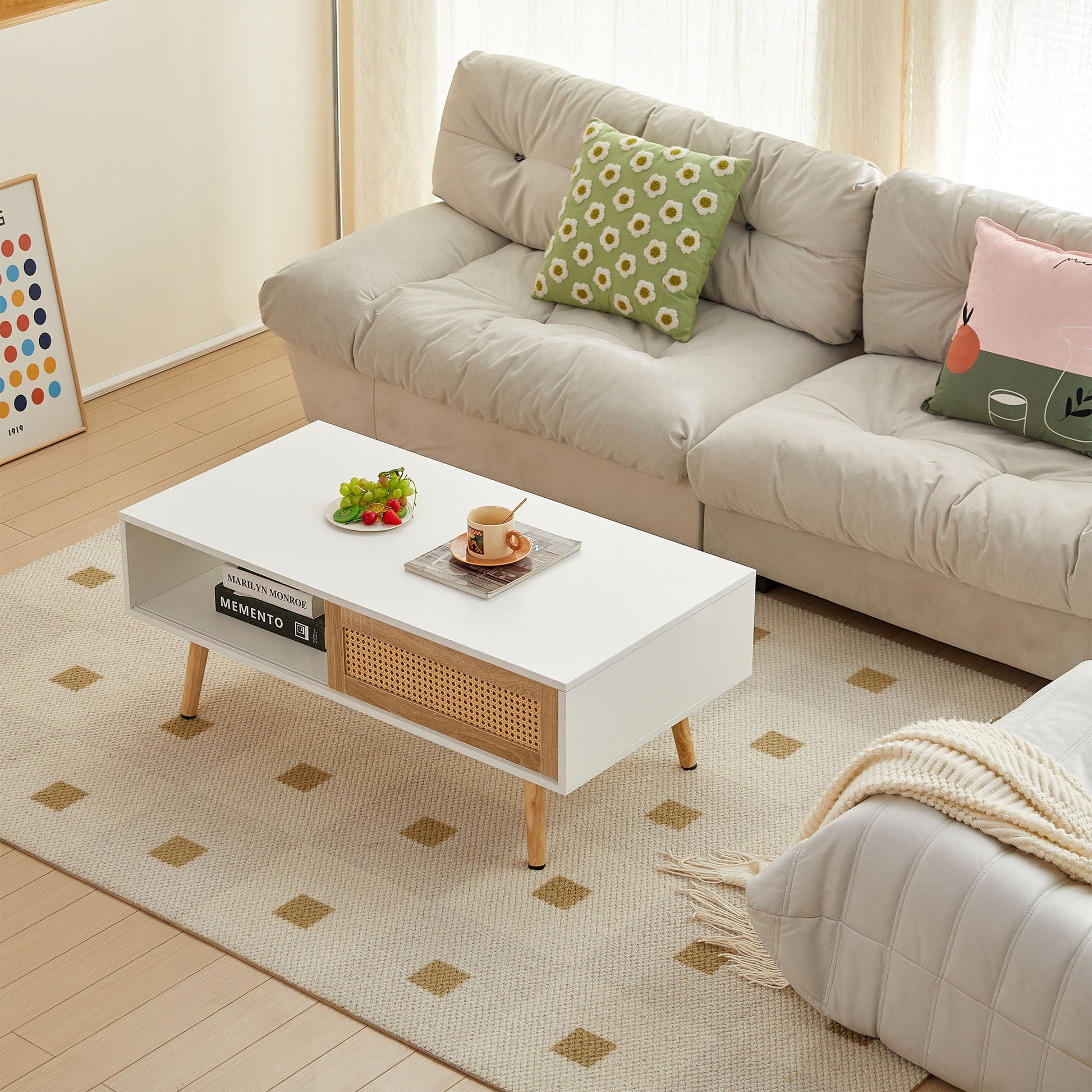 41.34in rattan coffee table with sliding storage door, white top, wood legs for living room on Tampa Home & Garden Store