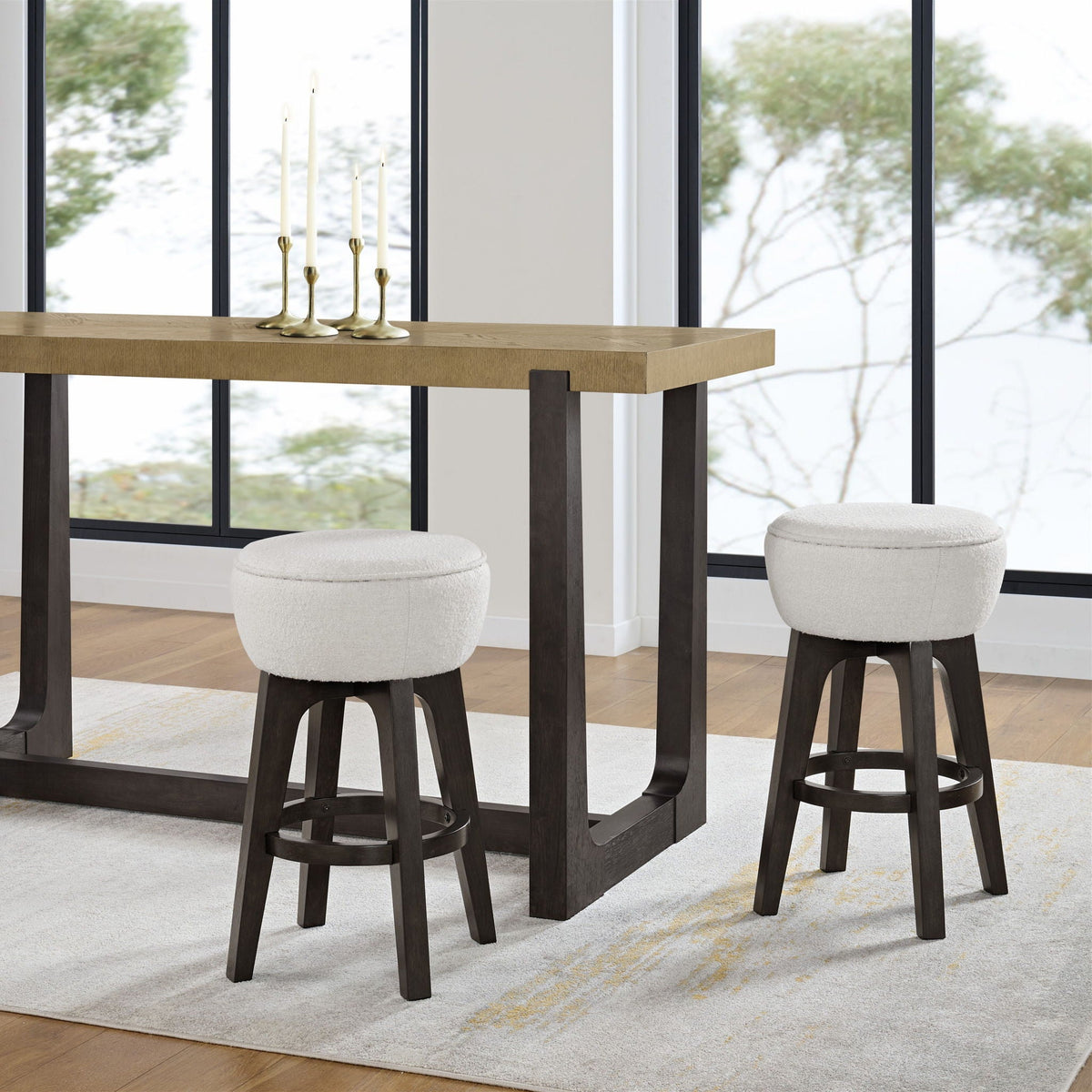 Backless bar stools with soft cream cushions, brown wooden legs, set of 2 on Tampa Home & Garden Store