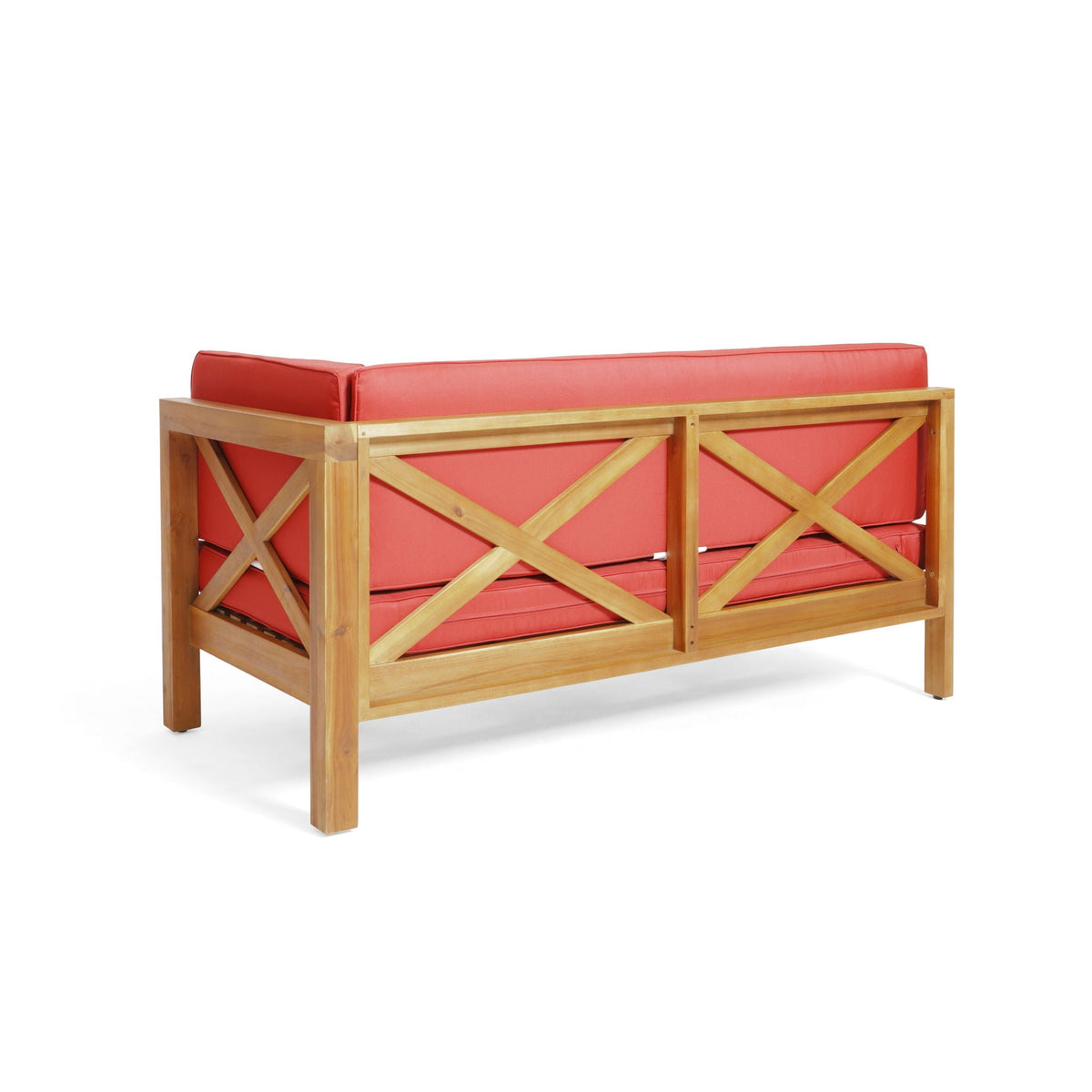 Brava X Back Corner Bench & Coffee Table, 2-piece outdoor set, red cushions, HouseOfZazla on Tampa Home & Garden Store