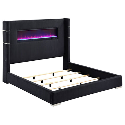 Judah Flame Visualizer Bed upholstered bed frame with black ribbed fabric and flame insert on Tampa Home & Garden Store