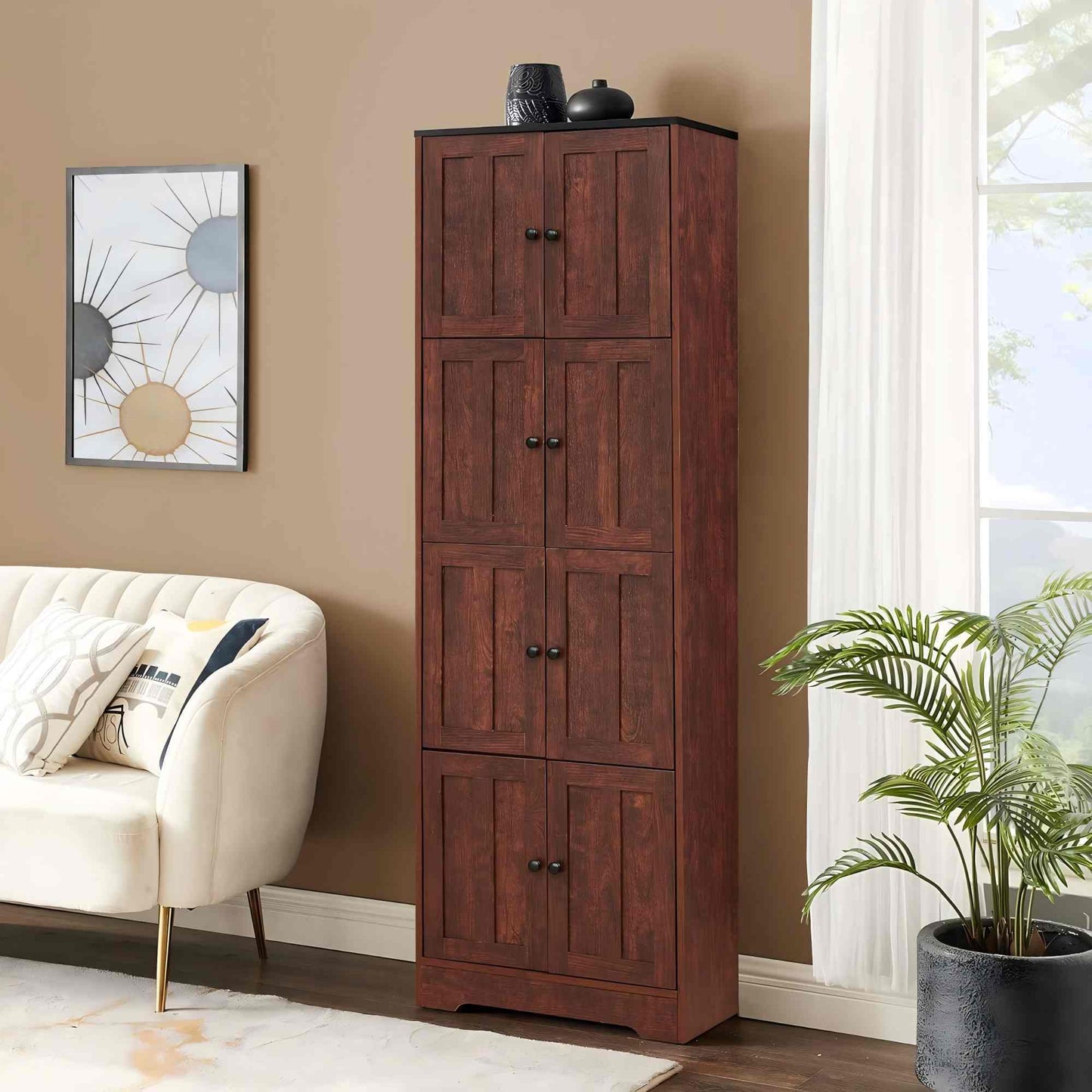 Tall storage cabinet in dark wood finish with 8 doors and 4 shelves on Tampa Home & Garden Store