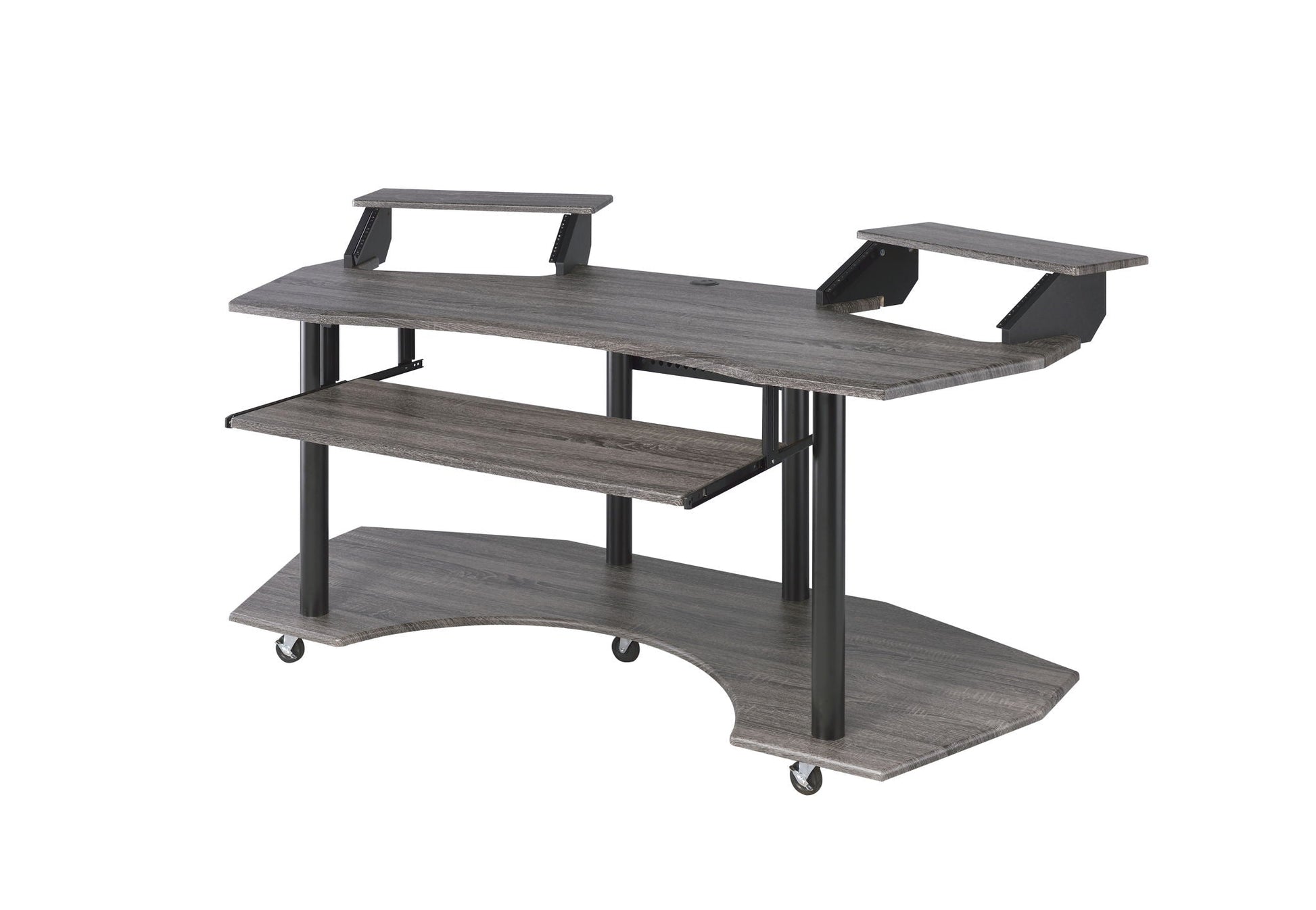 Eleazar Music Studio Desk Wood by HouseOfZazla, gray wood grain power workstation with shelves on Tampa Home & Garden Store