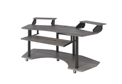 Eleazar Music Studio Desk Wood by HouseOfZazla, gray wood grain power workstation with shelves on Tampa Home & Garden Store