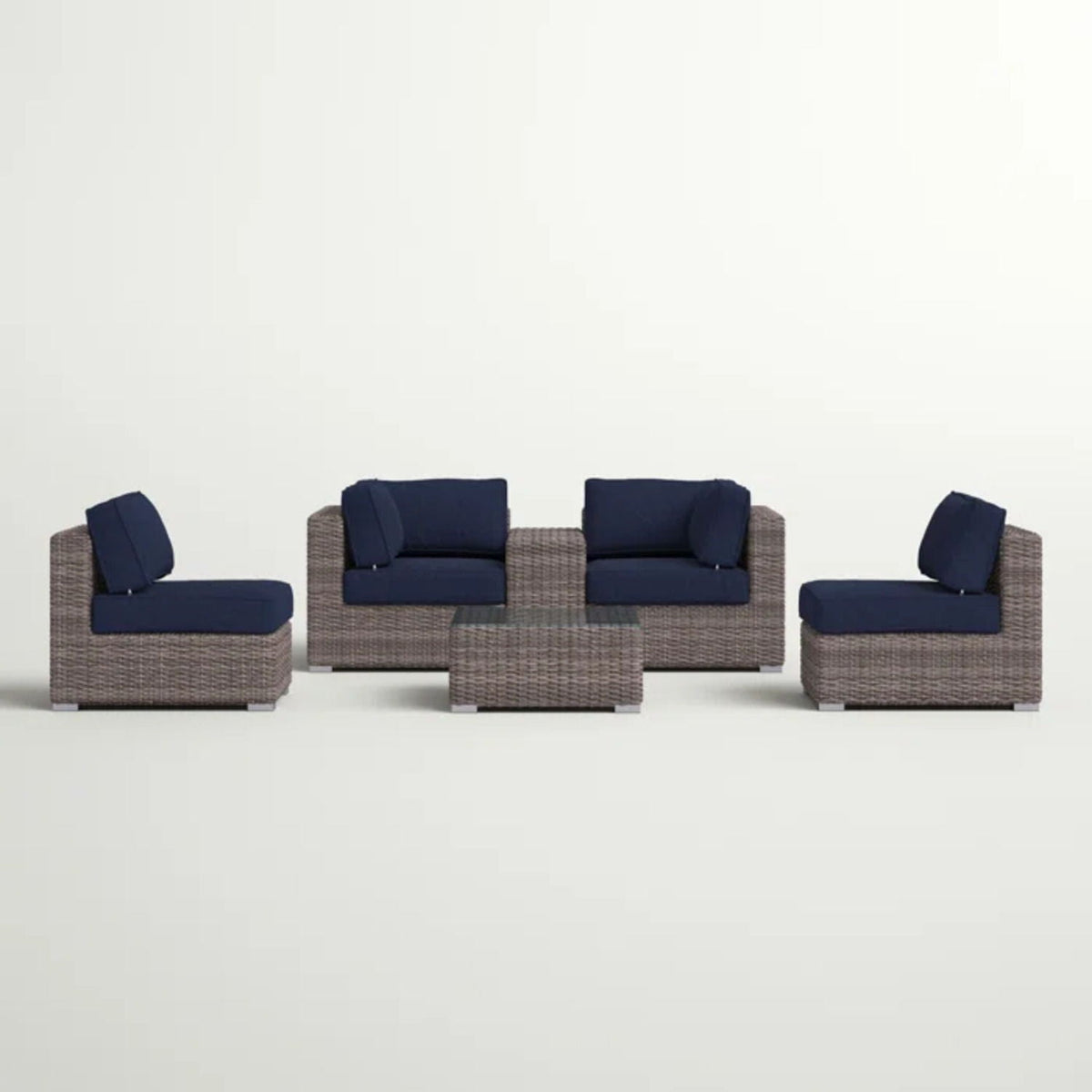 Wicker outdoor seating group with navy cushions and glass table, 5-piece set on Tampa Home & Garden Store
