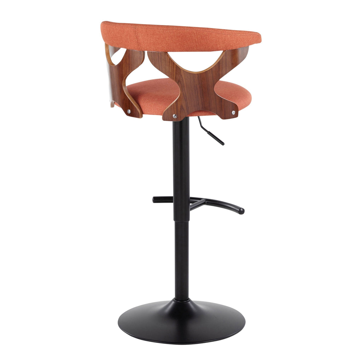 Contemporary adjustable barstool with swivel, orange fabric seat and wood curved shell frame on Tampa Home & Garden Store