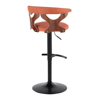 Contemporary adjustable barstool with swivel, orange fabric seat and wood curved shell frame on Tampa Home & Garden Store