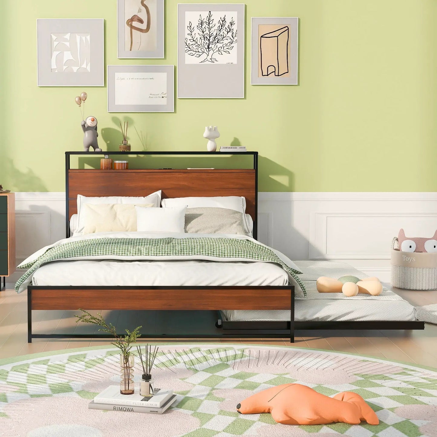 Platform Bed Frame With Trundle and USB Ports
