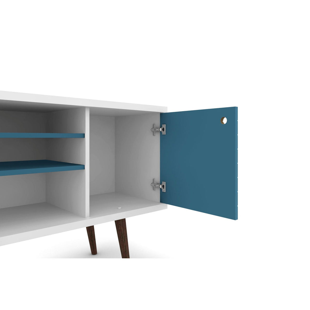 Smart Storage TV Stand with solid wood legs, white cabinet, blue door HouseOfZazla on Tampa Home & Garden Store