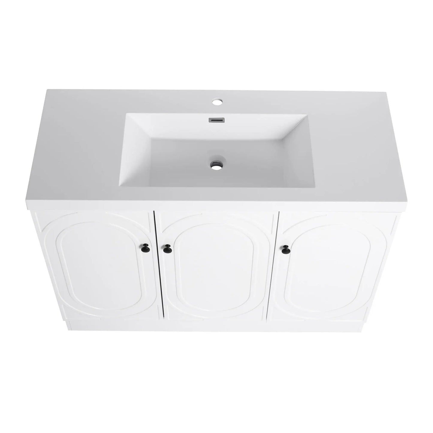 Contemporary freestanding bathroom vanity with white resin sink and soft-close doors on Tampa Home & Garden Store