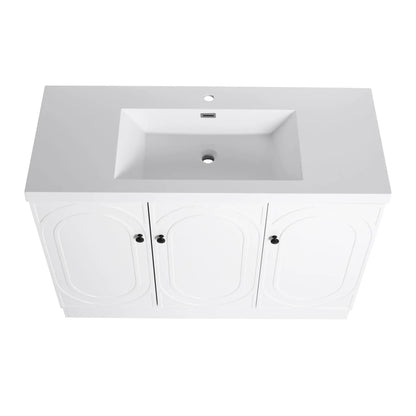 Contemporary freestanding bathroom vanity with white resin sink and soft-close doors on Tampa Home & Garden Store