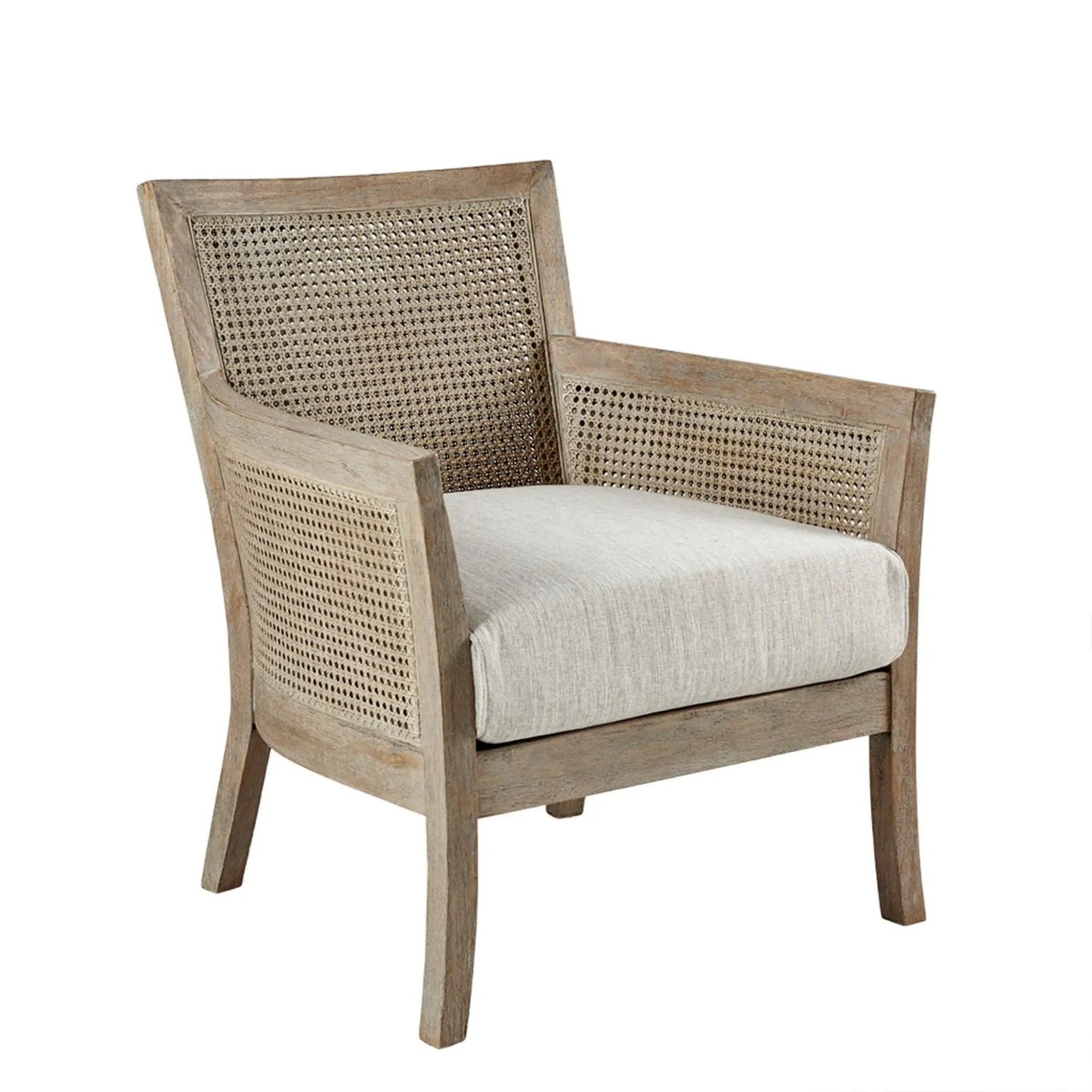 Cane Armchair with High Density Foam, cream upholstery and cane-woven panels, wood frame on Tampa Home & Garden Store