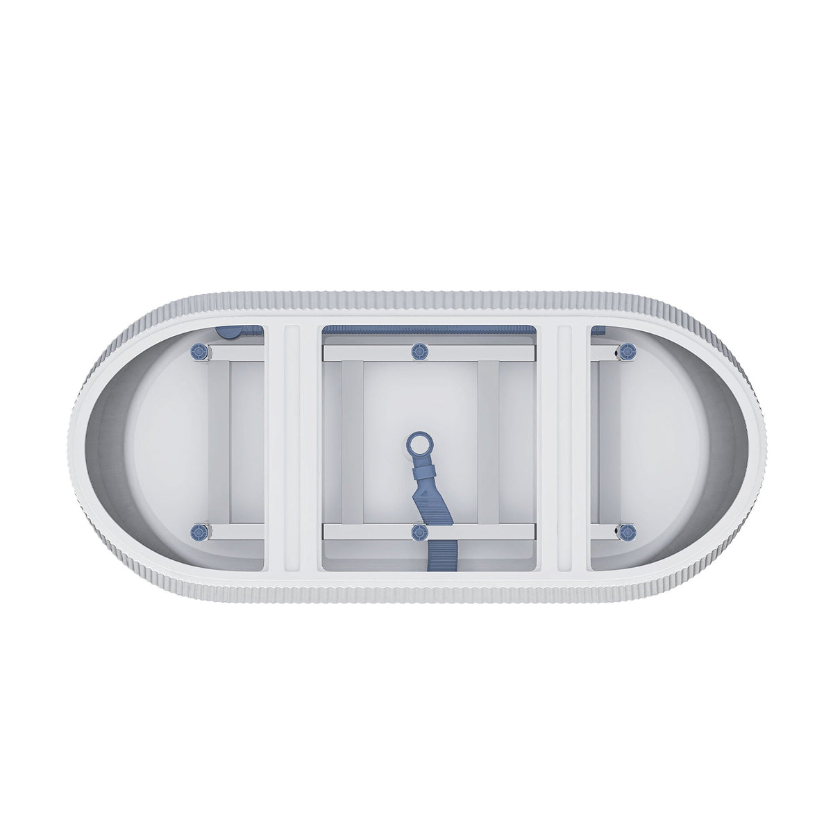Modern double-wall freestanding soaker tub, white with ribbed exterior and blue fixtures on Tampa Home & Garden Store