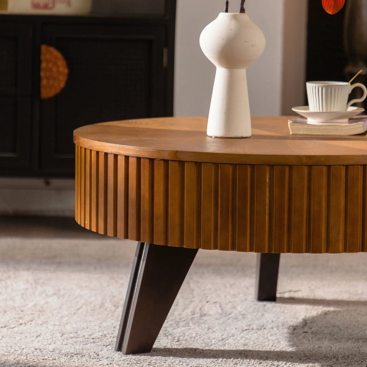 Round Retro Coffee Table with Solid Wood Legs