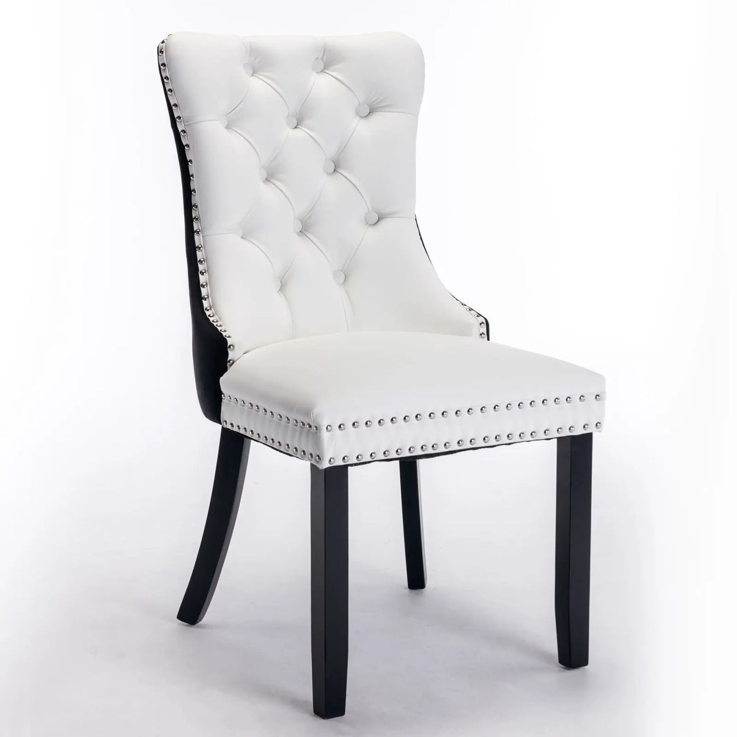 Nikki Modern Upholstered Dining Chair 2-pack, white tufted back with nailhead trim, black legs on Tampa Home & Garden Store
