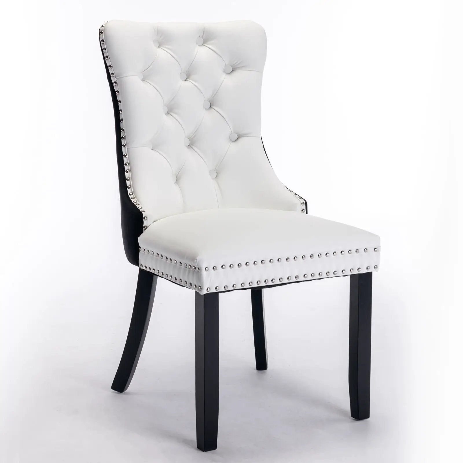 Nikki Modern Upholstered Dining Chair 2-pack, white tufted back with nailhead trim, black legs on Tampa Home & Garden Store