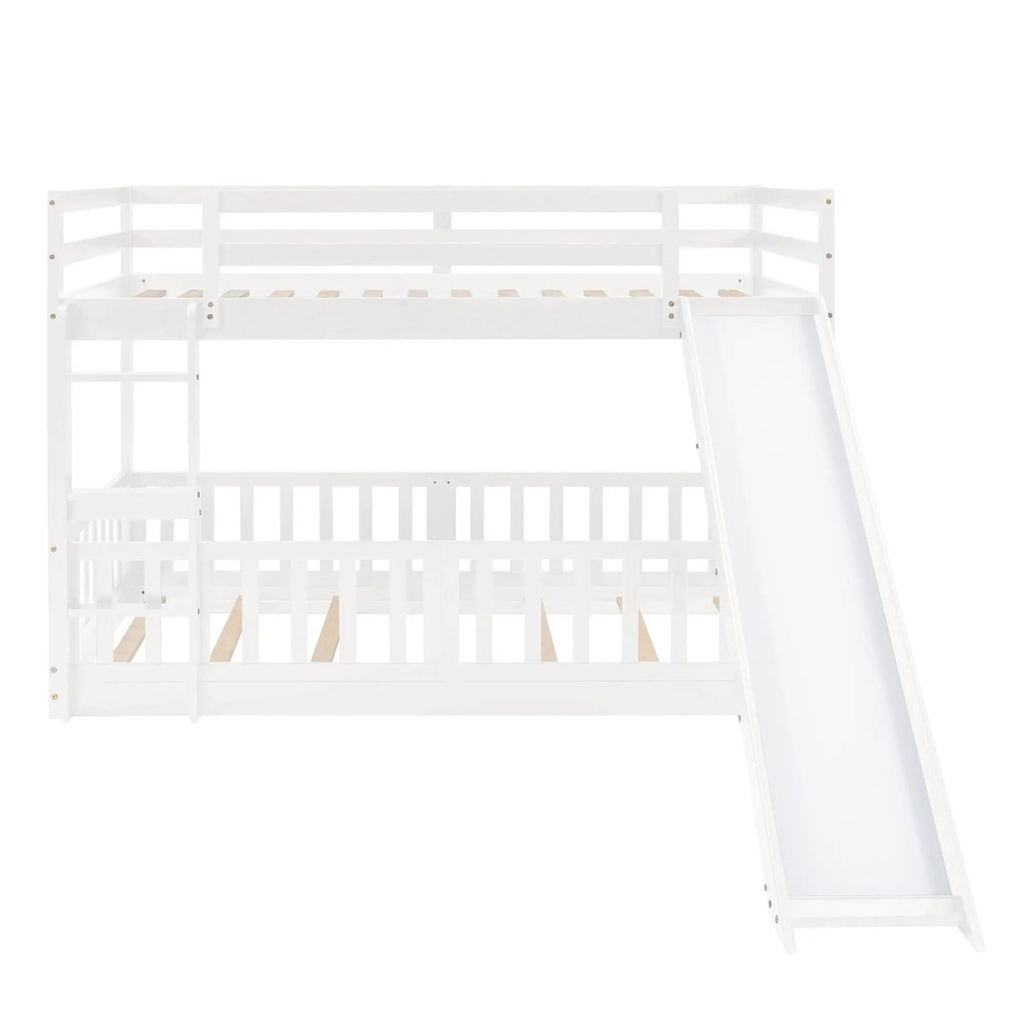 White bunk bed with integrated ladder and slide, wooden slats, Unique Piece Furniture on Tampa Home & Garden Store