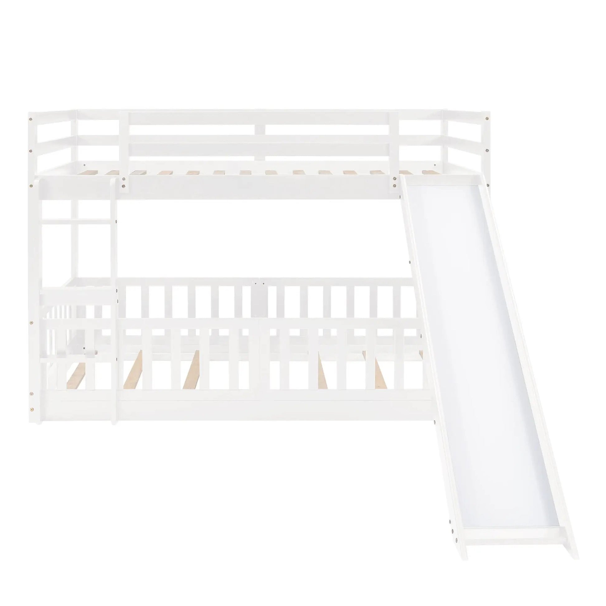 White bunk bed with integrated ladder and slide, wooden slats, Unique Piece Furniture on Tampa Home & Garden Store