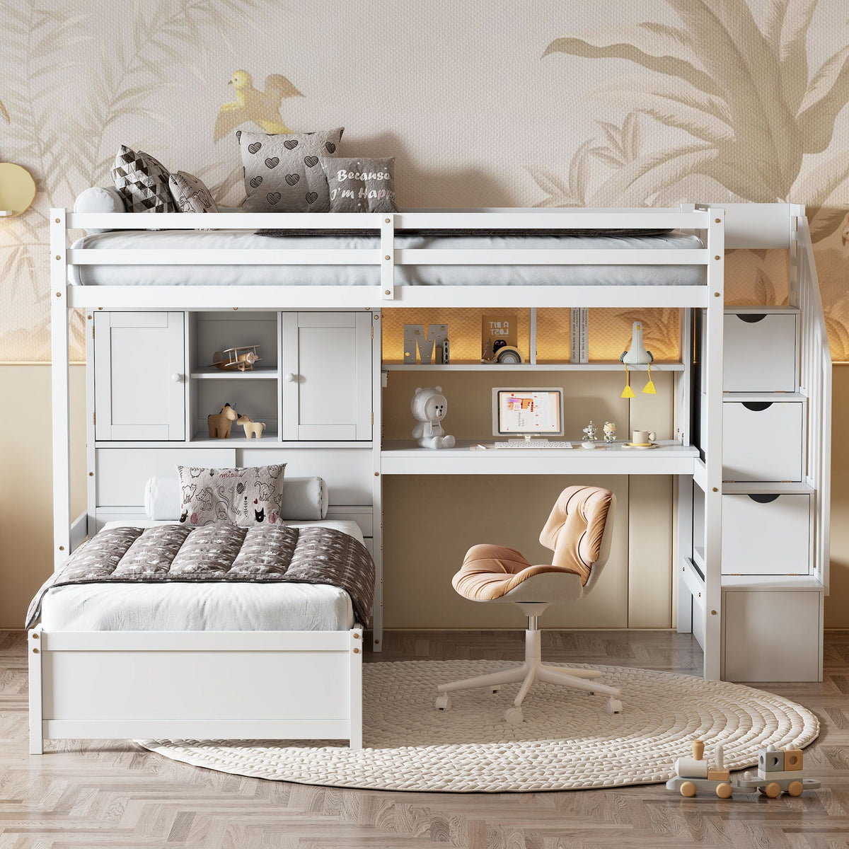 Loft bed with built-in desk and staircase in white by HouseOfZazla with desk and storage on Tampa Home & Garden Store