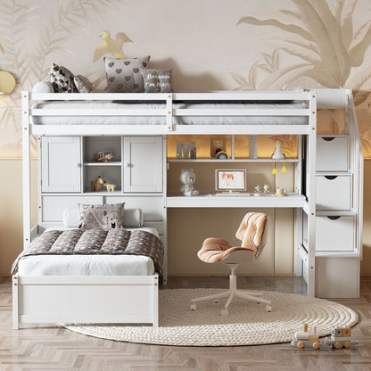 Loft bed with built-in desk and staircase in white by HouseOfZazla with desk and storage on Tampa Home & Garden Store