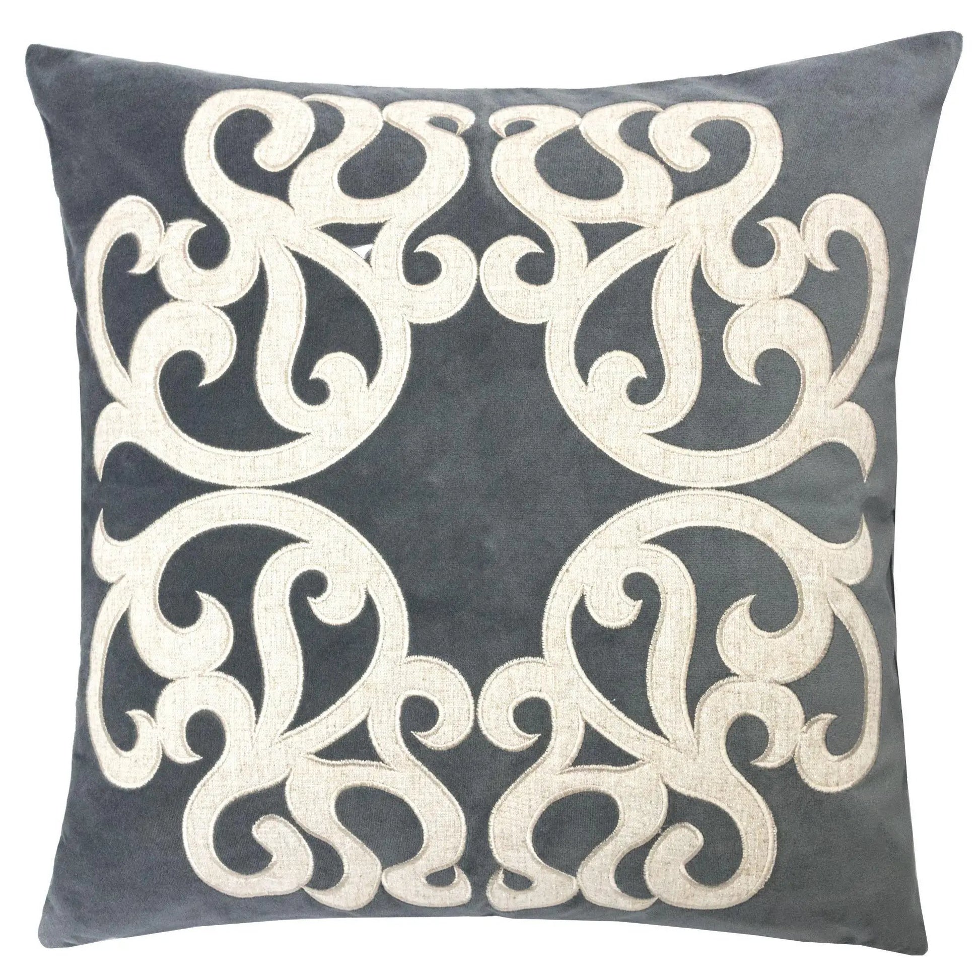 Dora Pillow Cover with Matching Back, gray with cream scroll motif Unique Piece Furniture on Tampa Home & Garden Store