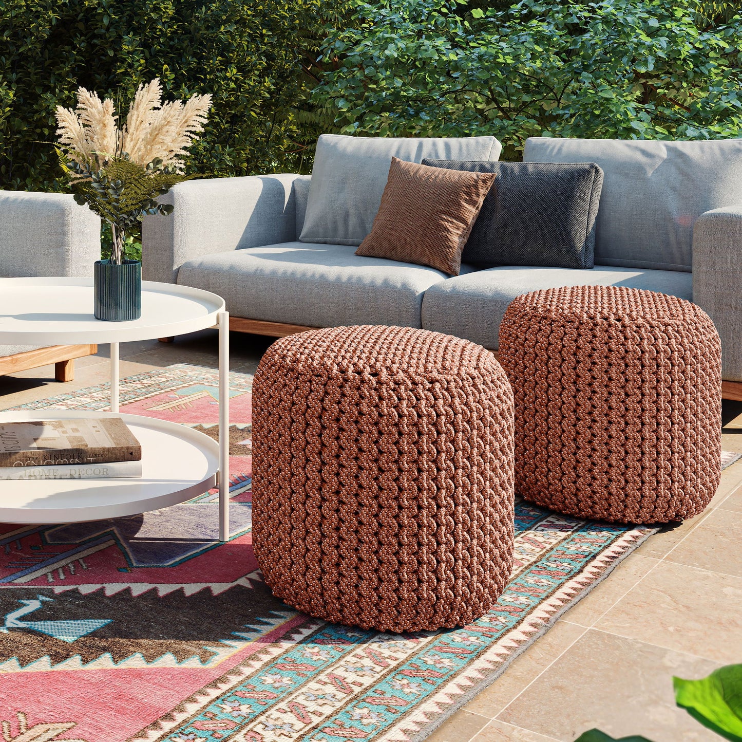Round Knitted Orange Pouf For Deck And Patio