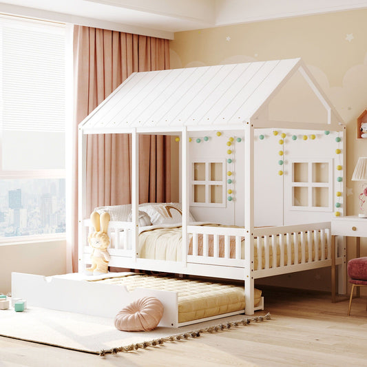 House bed with twin trundle daybed, white wooden roof frame, bunting lights by HouseOfZazla on Tampa Home & Garden Store