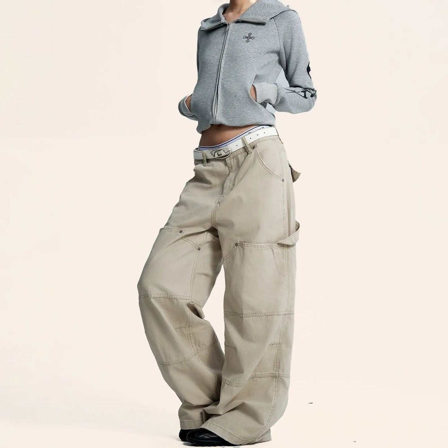 Womens Versatile Retro American-style Workwear Denim Jeans beige cargo pants with multiple pockets and white belt FLIPSTYLEZLLC on Tampa Home & Garden Store
