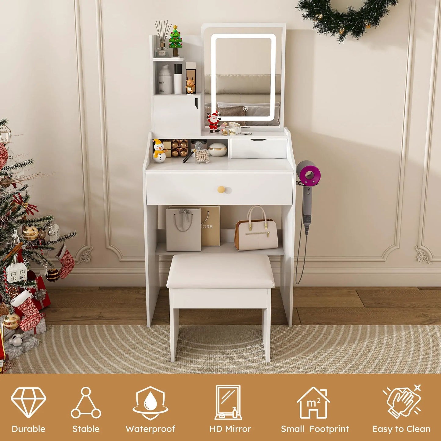 White vanity set with 3-color LED mirror, stool, 2 drawers and storage cabinets for bedroom on Tampa Home & Garden Store