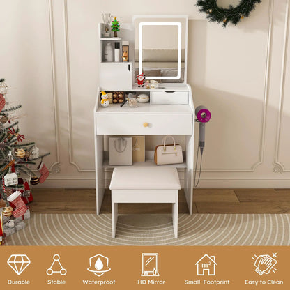White vanity set with 3-color LED mirror, stool, 2 drawers and storage cabinets for bedroom on Tampa Home & Garden Store