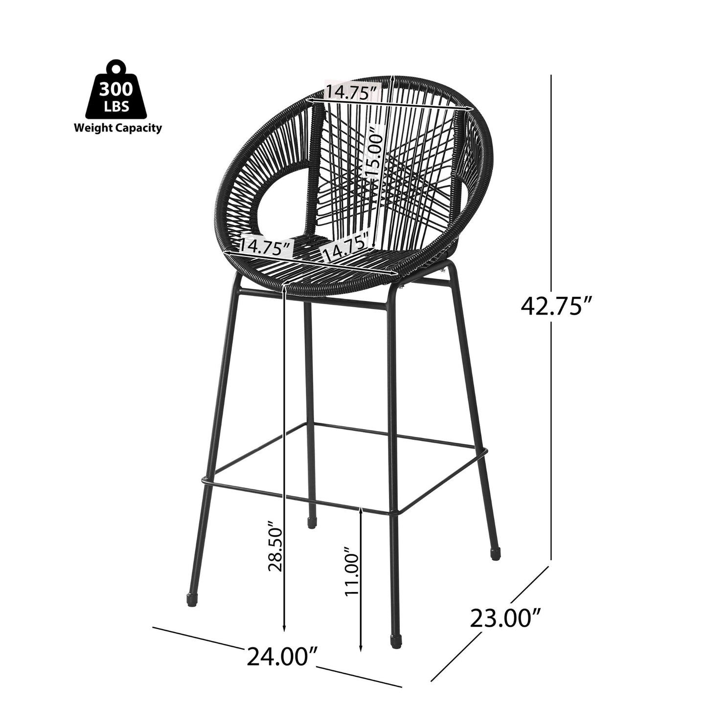 Ferrara Outdoor Patio Barstool set of 2 in black woven wicker with metal legs by HouseOfZazla on Tampa Home & Garden Store