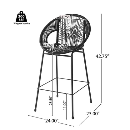 Ferrara Outdoor Patio Barstool set of 2 in black woven wicker with metal legs by HouseOfZazla on Tampa Home & Garden Store