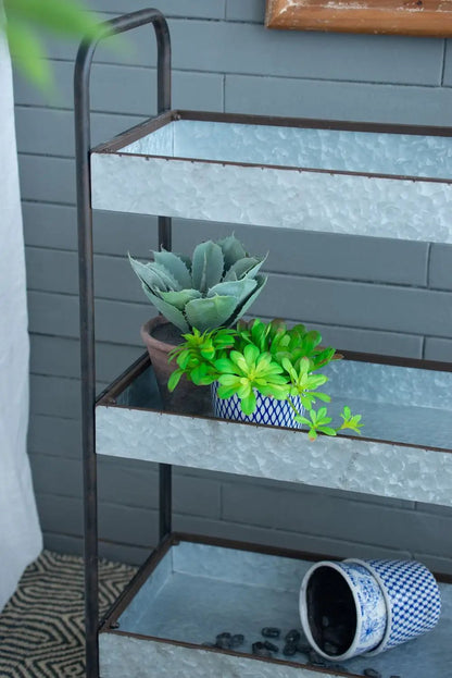 Homestead Galvanized Shelf Display 3 Tier metallic gray etageres with two succulents on Tampa Home & Garden Store