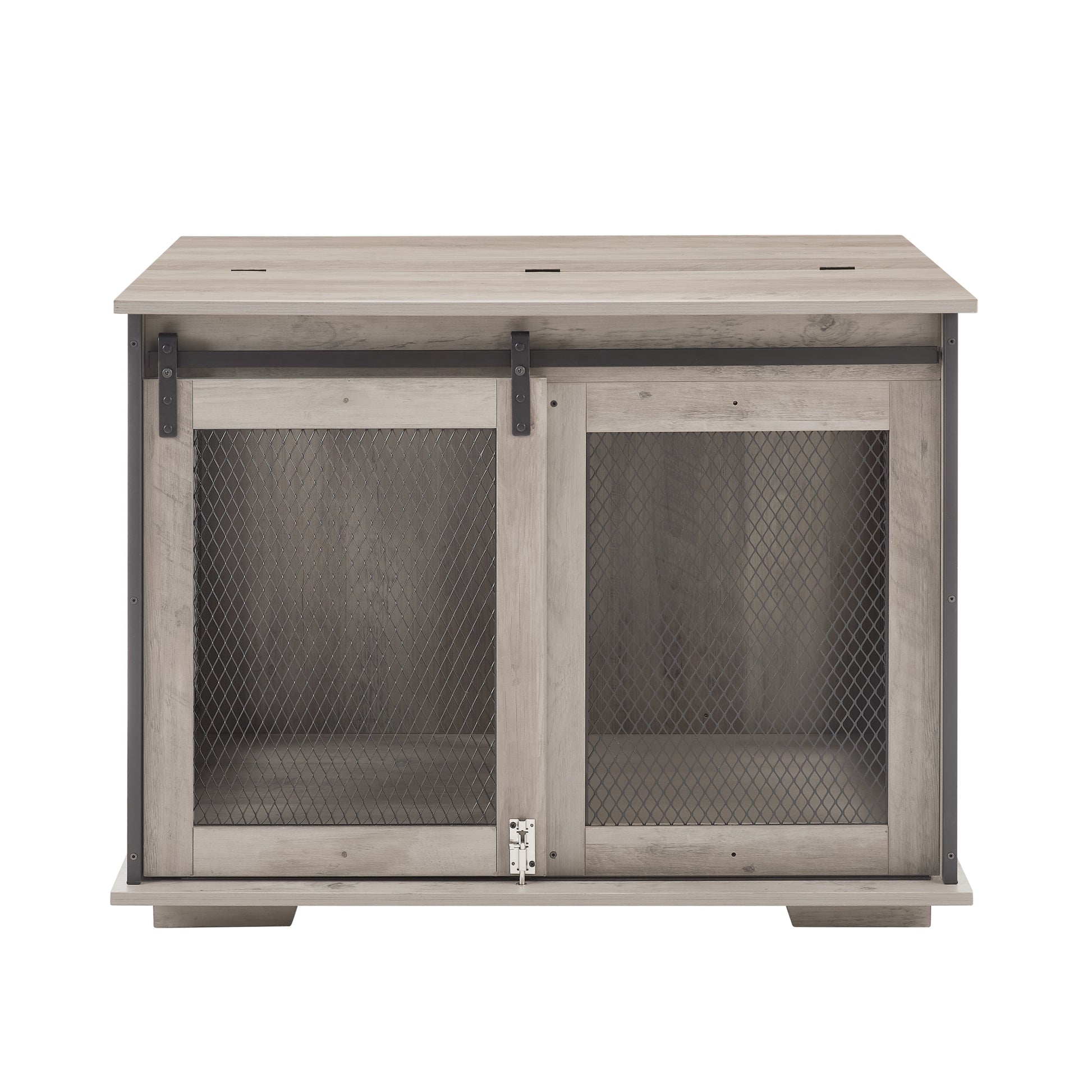 Farmhouse dog crate cabinet by HouseOfZazla with sliding barn door, rustic wood and metal mesh panels on Tampa Home & Garden Store