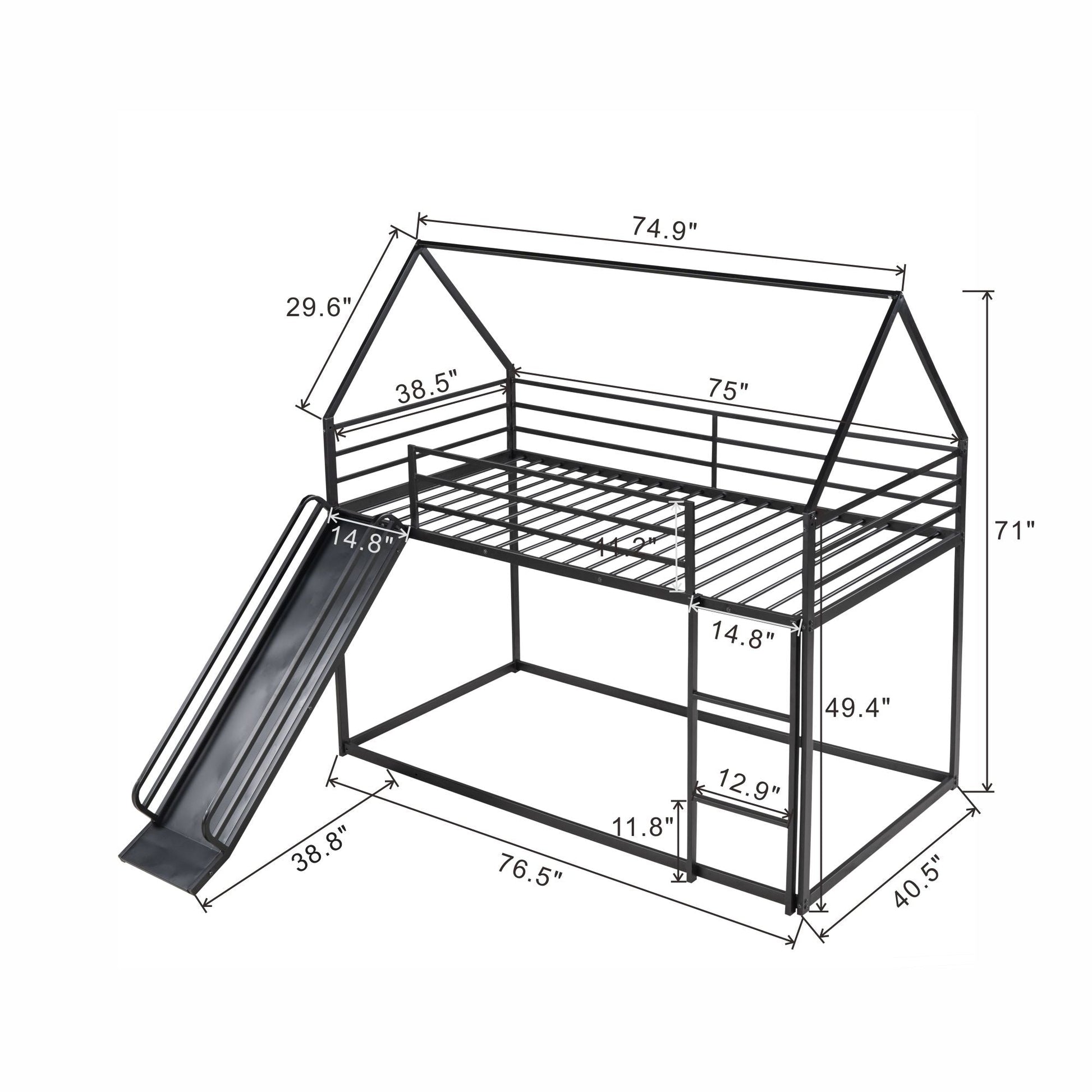 Twin Over Twin House Bunk Bed with Ladder and Slide in black metal by HouseOfZazla on Tampa Home & Garden Store