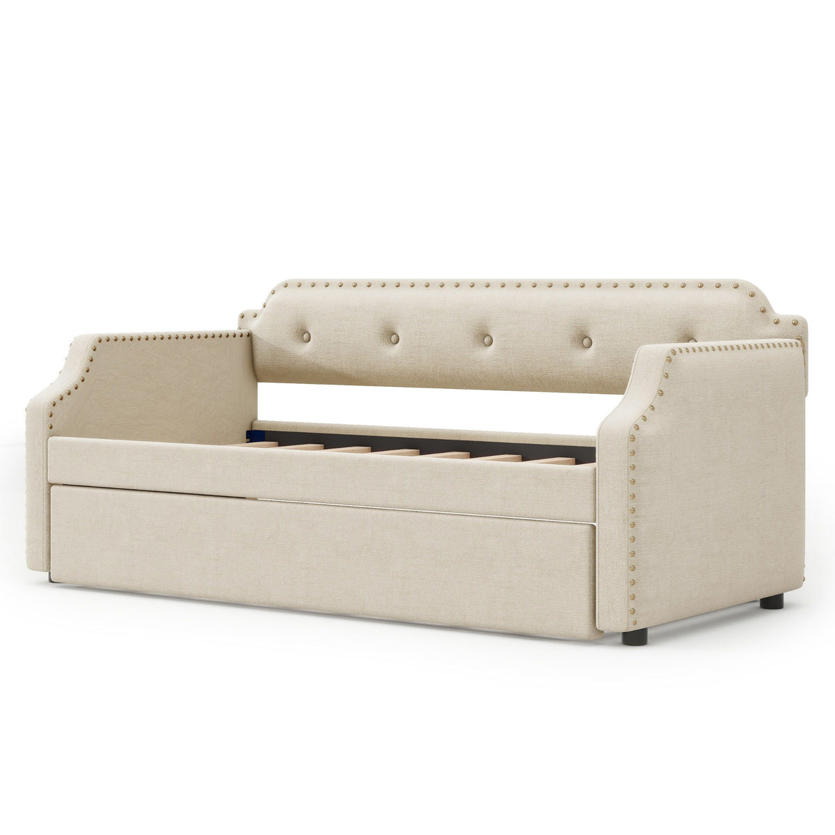 Upholstered Daybed with Trundle in beige fabric with nailhead trim, HouseOfZazla on Tampa Home & Garden Store